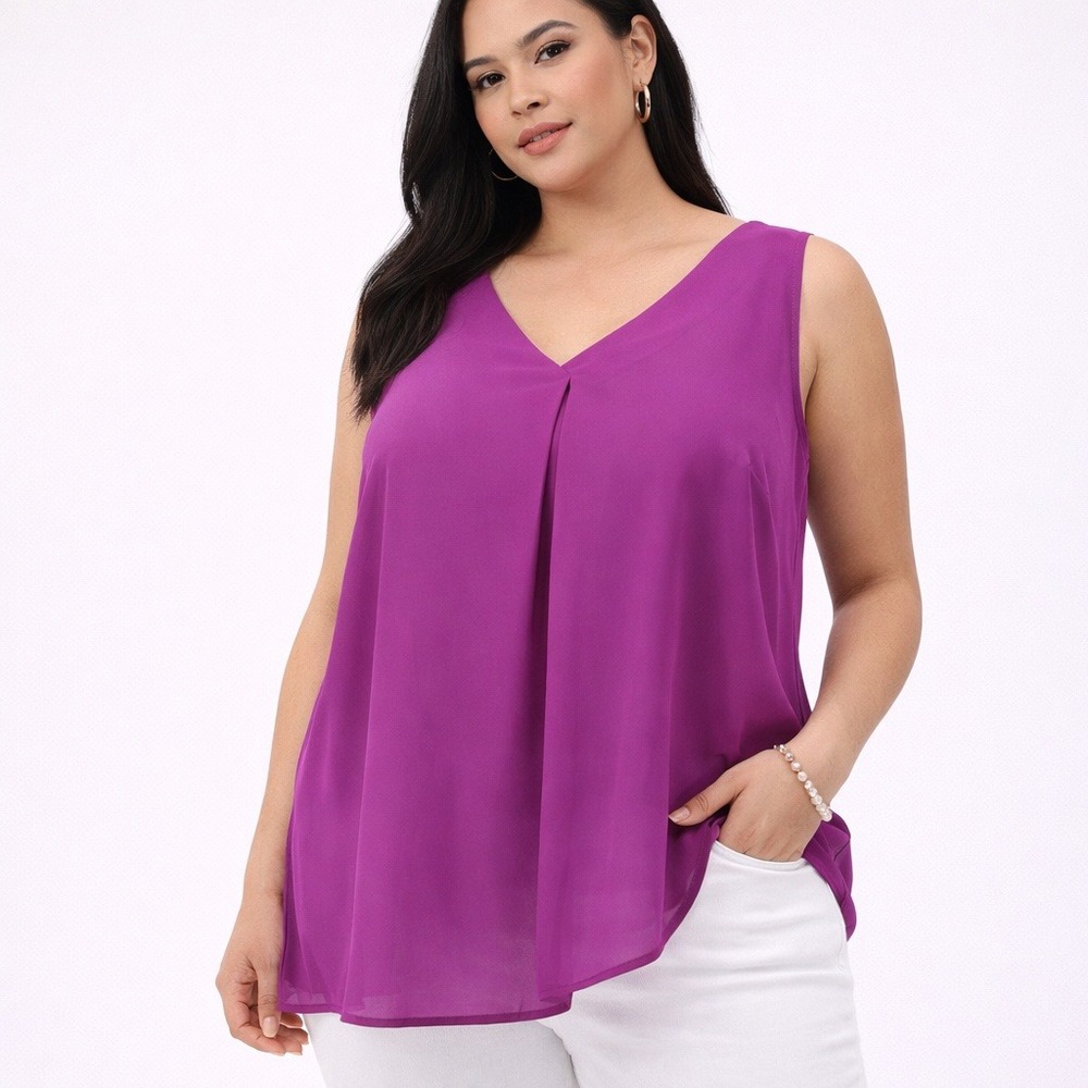 Eloquii Purple V-Neck Pleated High-Low Blouse Plus Size 22 Sleeveless Chiffon